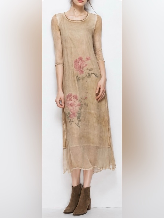 Lifver Dresses & Skirts - 100% Silk Women's Beige Nude Sheer Crinkle Floral Print Midi Dress Size L NWT